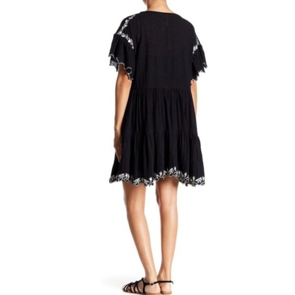 Free People Black Embroidered Gauze Tiered Babydoll Mini Dress Short Sleeve - Picture 2 of 12
